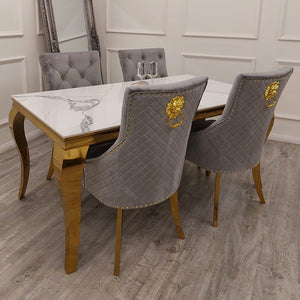 Louis Chrome & Gold Luxury Fancy Marble Dining Table With 4 Bentley Dining Chairs