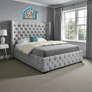 DIAMOND WINGED BED FRAME FULL VELVET UPHOLSTERED DESIGNER BED