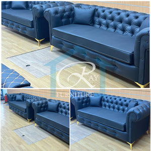 New Round Classic Chesterfield Leather Blue Fabric Sofa Corner 3 Seater 2 Seater Set