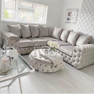 Ashton Chesterfield 5 Seater Corner Couch With Coffee Table Set Cream Plush Sofa
