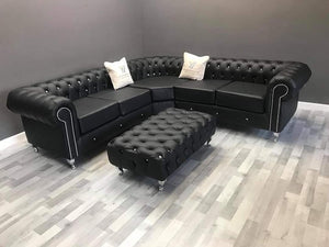 New Round Classic Chesterfield Couch Black PU Leather L-Shape Corner Sofas