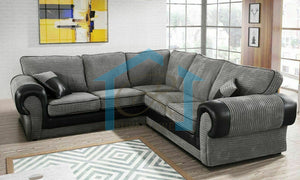 Tango Jumbo 5 Seater Corner Sofa Cord Grey/Black Leather Fabric With High Back Cushions