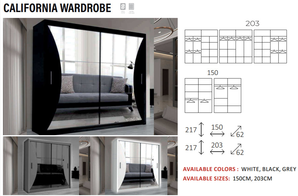 New Elevator Ray Furniture Luxury Clifornia sliding mirror Wardrobe