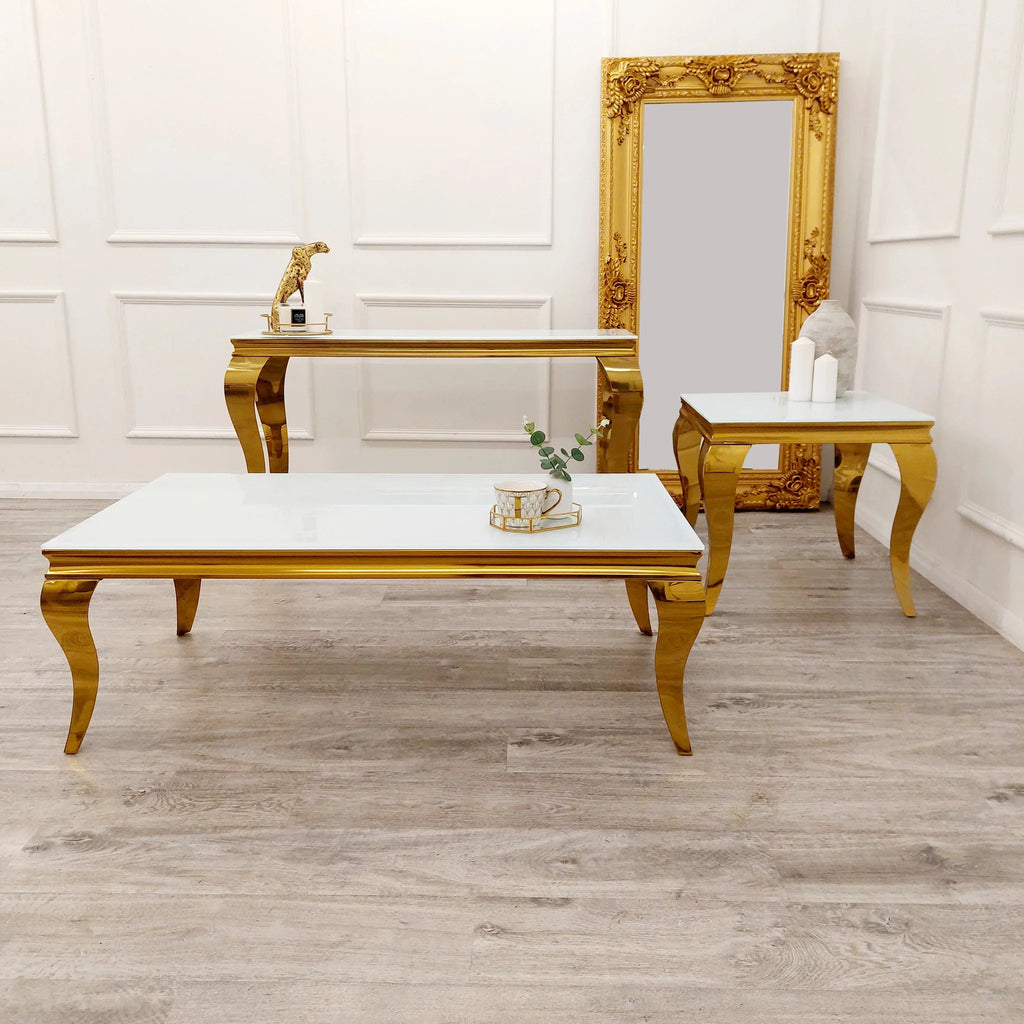 Louis Gold Coffee Table with White Glass Top 1.4m Long