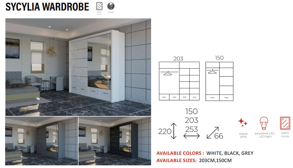 New Elevator Ray Furniture Luxury Cycylia rooms sliding mirror Wardrobe