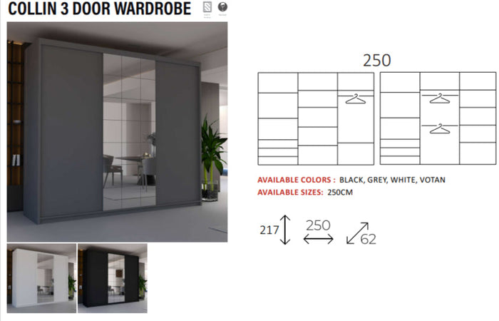 New Elevator Ray Furniture Luxury Collin 3Door sliding mirror wardrobe