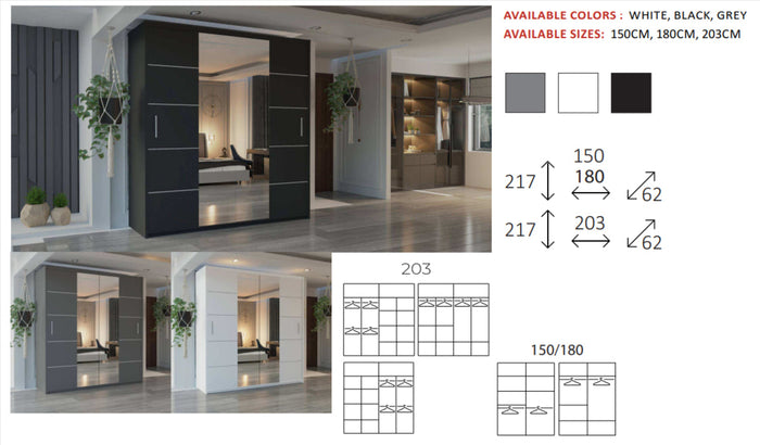 New Elevator Ray Furniture Luxury  LISBON sliding mirror  Wardrobe