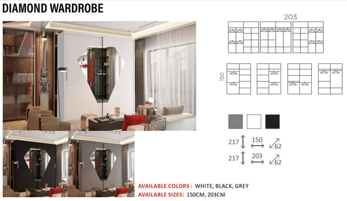 New Elevator Ray Furniture Luxury DIAMOND  rooms sliding mirror Wardrobe