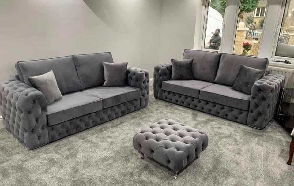 Ashton Chelsea Sofas 3+2 Seater Set With High Back Cushions And Footstool Steel Plush Velvet