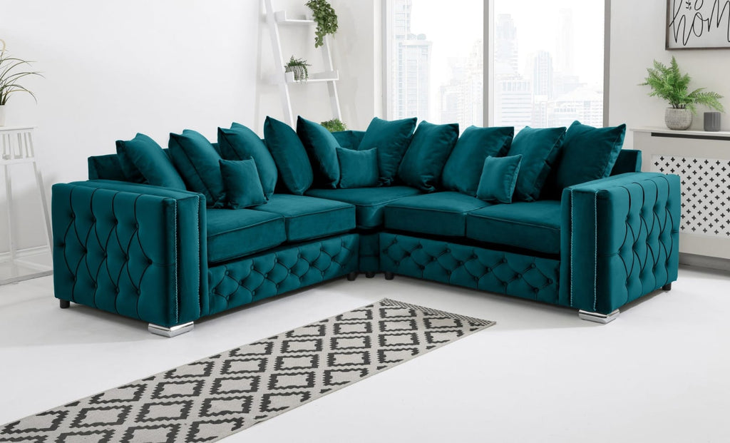 Alaska Chesterfield Couch Teal Plush Velvet 5 Seater Double Corner Sofa