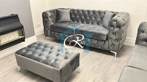 New Ashton Full Chesterfield Grey Plush Sofa 3 Seater 2 Seater Set With Footstool