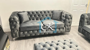 New Ashton Full Chesterfield Grey Plush Sofa 3 Seater 2 Seater Set With Footstool