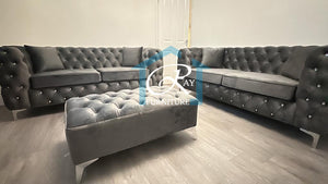 New Ashton Full Chesterfield Grey Plush Sofa 3 Seater 2 Seater Set With Footstool