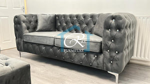 New Ashton Full Chesterfield Grey Plush Sofa 3 Seater 2 Seater Set With Footstool