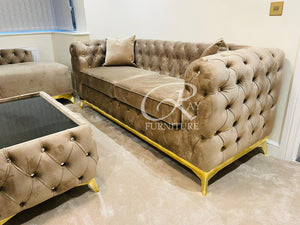 New Spanish Full Chesterfield Mink Plush Sofa 4 Seater 7ft Length With Gold Strip & Matching Feet