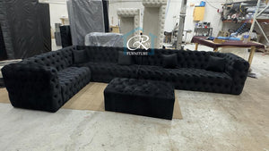 Ashton Luxury Full Chesterfield Hand Craft Extra Seater Large Corner Couch Black Plush Sofa