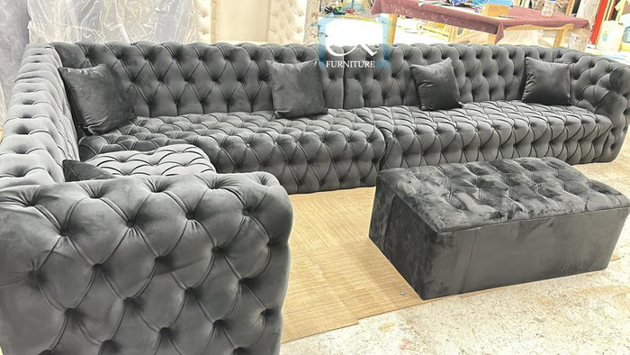 Ashton Luxury Full Chesterfield Hand Craft Extra Seater Large Corner Couch Grey Plush Sofa