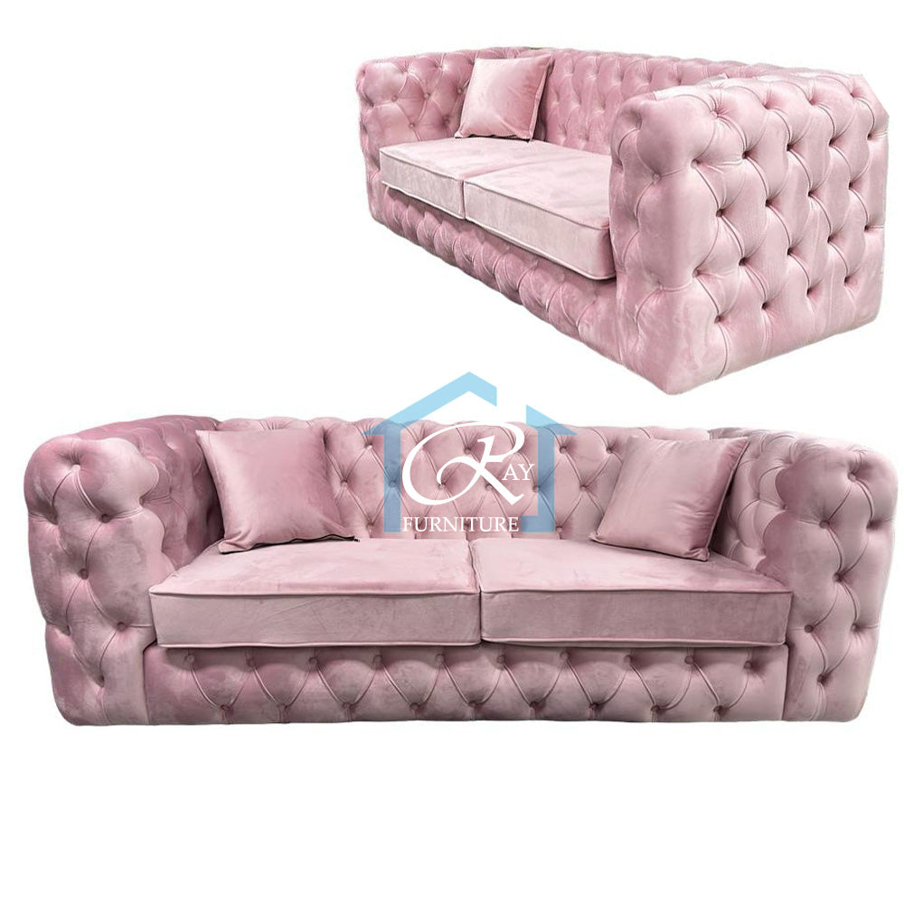 New Spanish Chesterfield Pink Sofa Plush Velvet 3 Seater 2 Seater Set