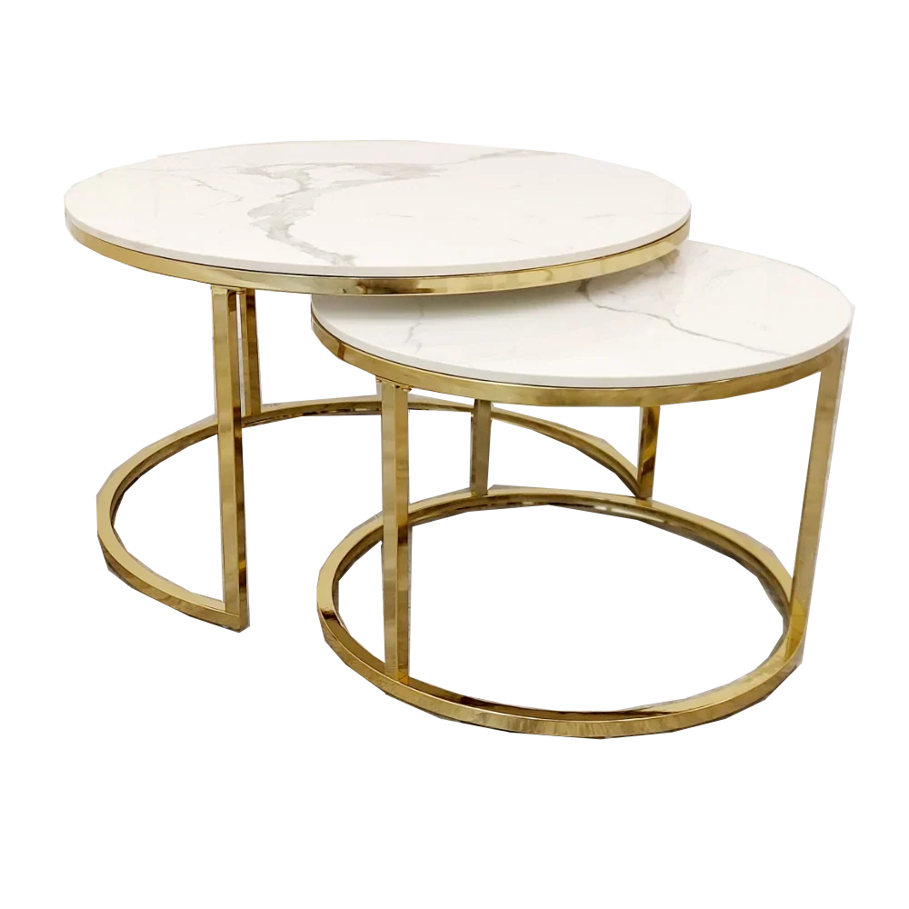 Cato Nest of 2 Short Round Coffee Gold Tables with Polar White Sintered Stone Tops