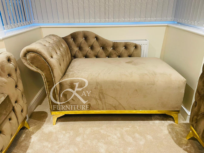 New Spanish Full Chesterfield Mink Plush Chase Lounge 165cm Length With Gold Strip & Matching Feet