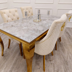 Louis Chrome & Gold Luxury Fancy Marble Dining Table With 4 Bentley Dining Chairs