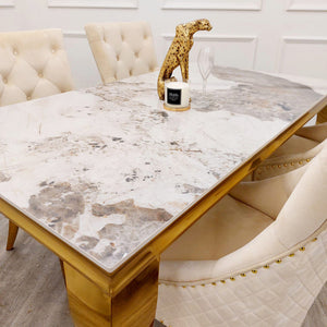 Louis Chrome & Gold Luxury Fancy Marble Dining Table With 4 Bentley Dining Chairs