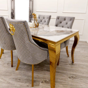 Louis Chrome & Gold Luxury Fancy Marble Dining Table With 4 Bentley Dining Chairs