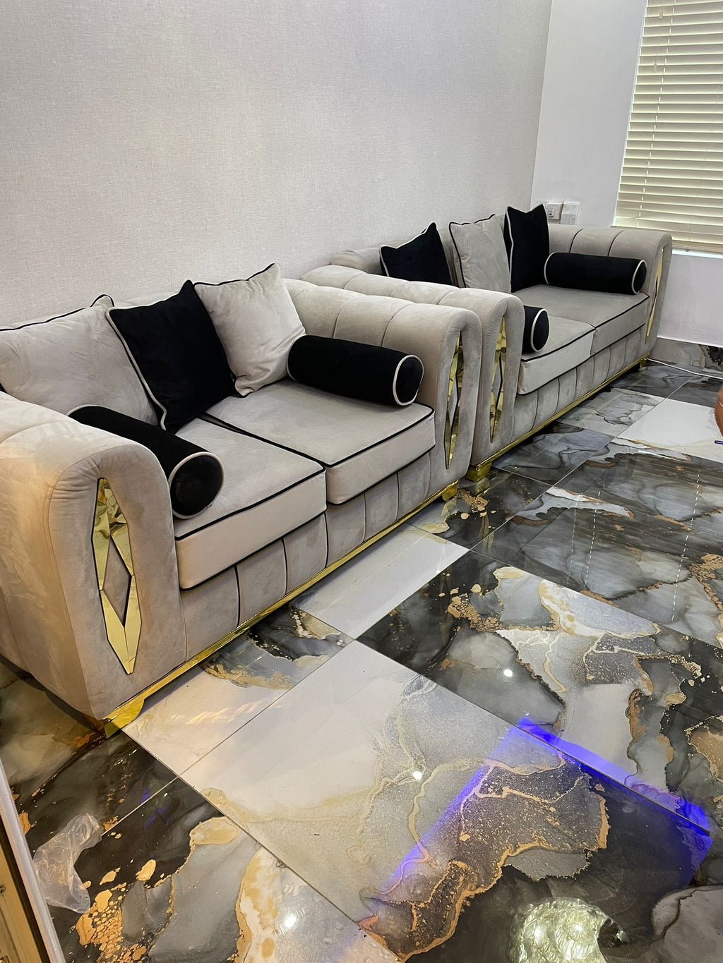 Ray Cloud 9 Panel Couch Pebble Plush Contrast Pipping Golden Details 3 Seater Sofa 2 Seater Sofa Set