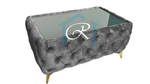 Chesterfield Coffee Table Steel Plush With Glass On Top Matching With Any Chesterfield Sofa