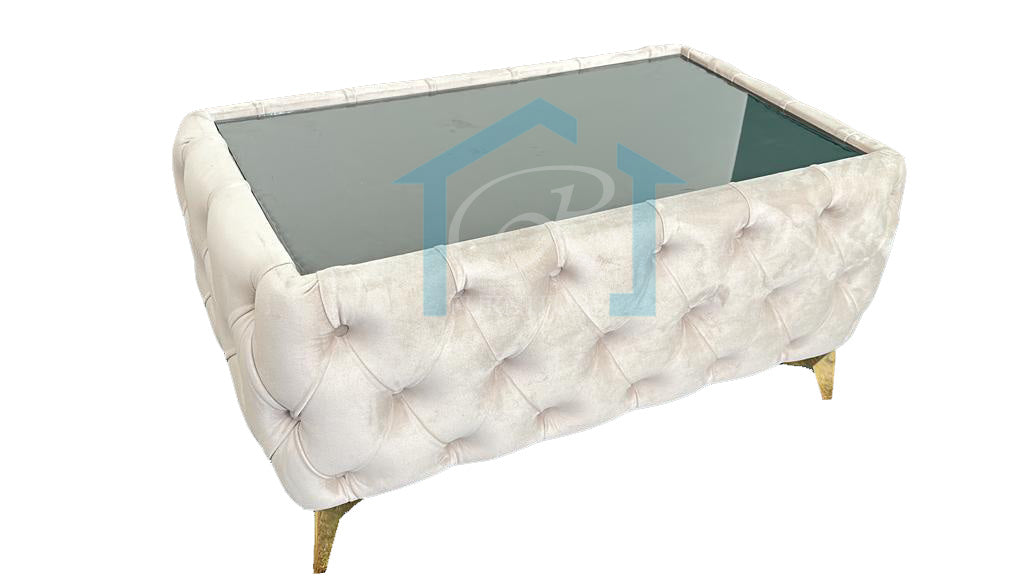 Chesterfield Coffee Table Cream Plush With Glass On Top Matching With Any Chesterfield Sofa