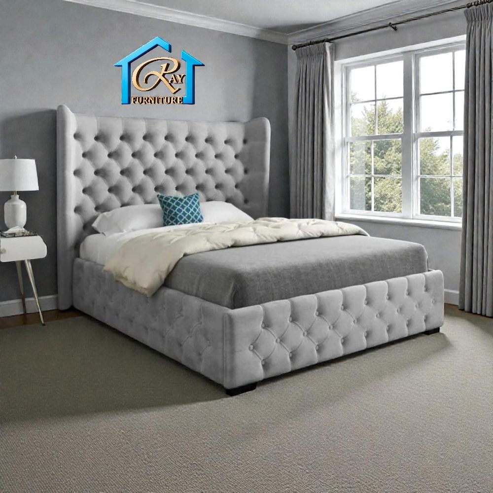 DIAMOND WINGED BED FRAME FULL VELVET UPHOLSTERED DESIGNER BED