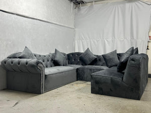 Elegance Chesterfield Sloane Fixed Seats Customise Size 8 Seater Corner U-Shape Sofa In Plush Grey