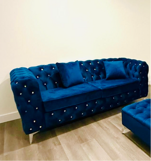 New Ashton Full Chesterfield Blue Plush Velvet Sofa in 2 Seater
