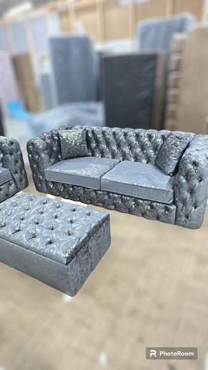 Galaxy Chesterfield Sofas 3 Seater 2 Seater Sofa Set Silver/Gold Beautiful Couch With Footstool