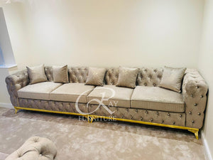 New Spanish Full Chesterfield Galaxy Coffee Sofa 6 Seater 11ft Length With Gold Strip & Matching Feet