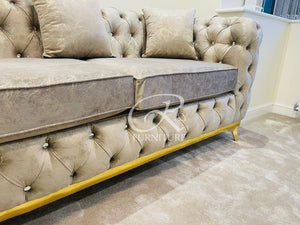 New Spanish Full Chesterfield Galaxy Coffee Sofa 6 Seater 11ft Length With Gold Strip & Matching Feet