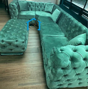 New Spanish Hand Made Green Plush Sofa Chesterfield 5 Seater Left Or Right Corner Couch