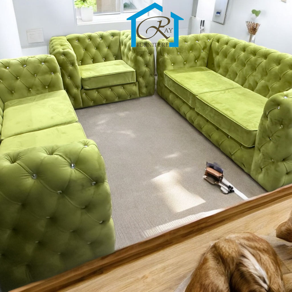 Ashton Chelsea Chesterfield Sofas 3+2 Seater With Armchair Set Lime Plush Velvet