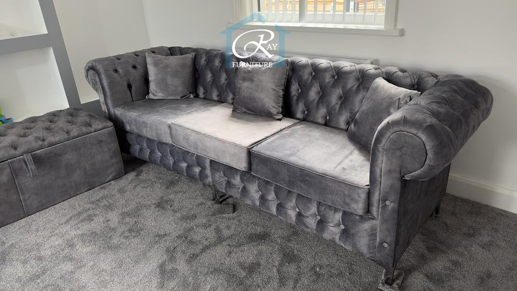 New Round Classic Chesterfield Coniston FR Fabric Sofa Large 3 Seater Silver Couch