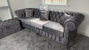 New Round Classic Chesterfield Coniston FR Fabric Sofa Large 3 Seater Silver Couch