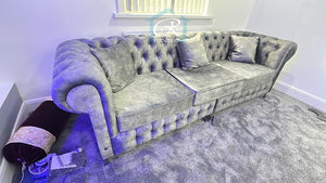 New Round Classic Chesterfield Coniston FR Fabric Sofa Large 3 Seater Silver Couch