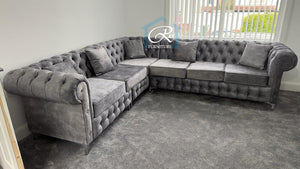 New Round Classic Chesterfield Coniston FR Fabric Sofa Corner 5 Seater L-Shape Silver Couch