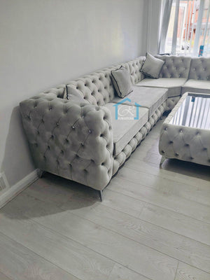 New Spanish Full Chesterfield Silver Plush Sofas Dimonted Deep Buttons U-Shape Sofa UK Made