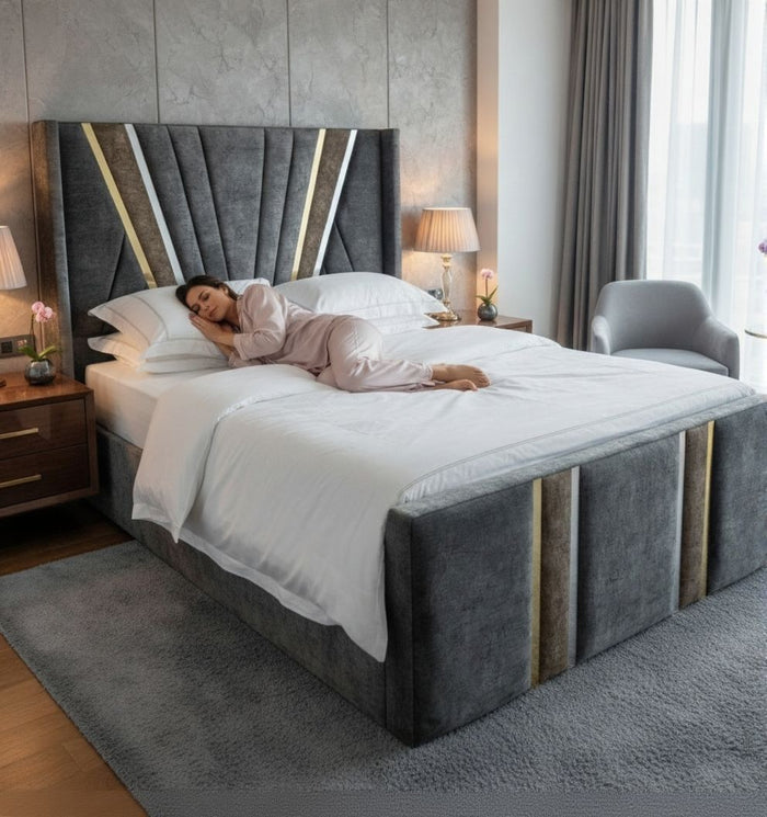 Amina Marble Ray Art Bed Comfy Luxury Designer Golden-Silver Strip Beds