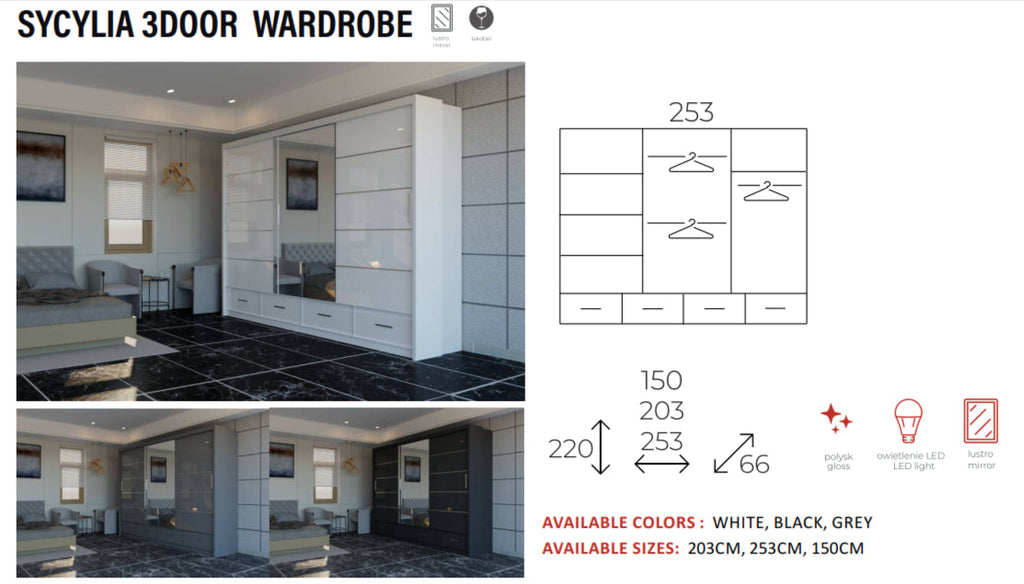 New Elevator Ray Furniture Luxury SYCYLIA 3 DOOR  rooms sliding mirror wardrobe