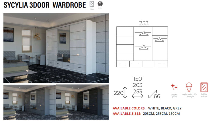 New Elevator Ray Furniture Luxury SYCYLIA 3 DOOR  rooms sliding mirror wardrobe