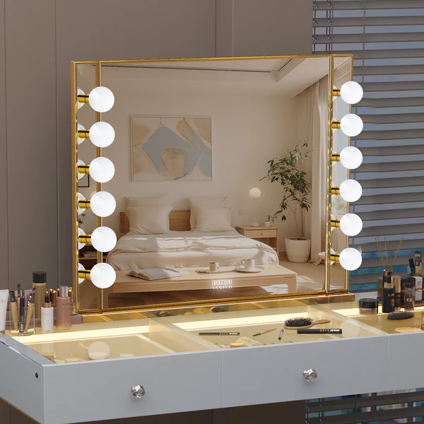 Luxury Ray Chanel Gold Hollywood Vanity Mirror - 12 Dimmable LED Bulbs Ray-Furniture Luxury Ray Chanel Gold Hollywood Vanity Mirror - 12 Dimmable LED Bulbs Ray-Furniture