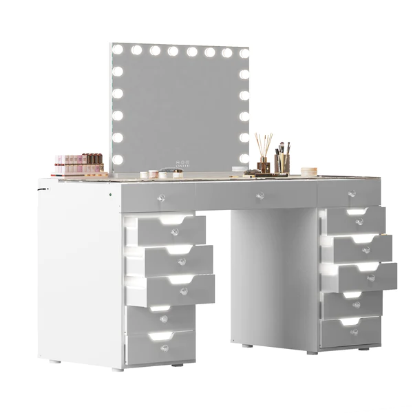 Luxury Ray Eva Vanity Makeup Desk - 13 Storage Drawers with Full Light - 3D Mirror Bluetooth Speaker