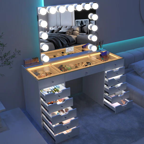 Luxury Ray Eva Vanity Makeup Desk - 13 Storage Drawers with Full Light - 3D Mirror Bluetooth Speaker