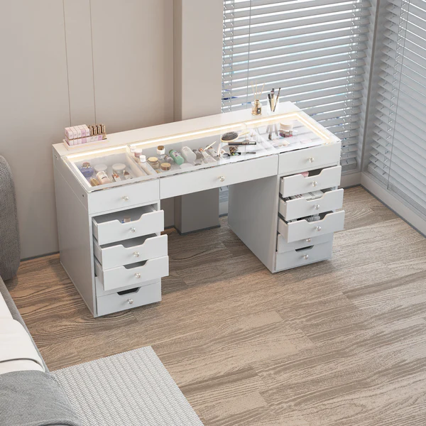 Luxury Ray Eva Vanity Makeup Desk - 13 Storage Drawers RGB Sensor Lights